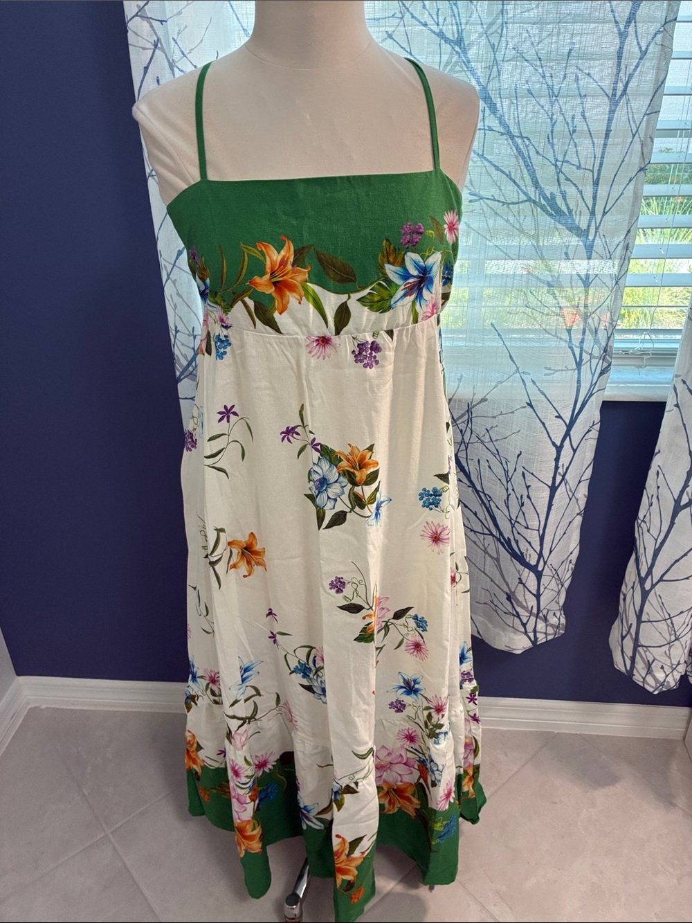 Rachel Zoe Green & White Floral Spaghetti-Strap Maxi Dress